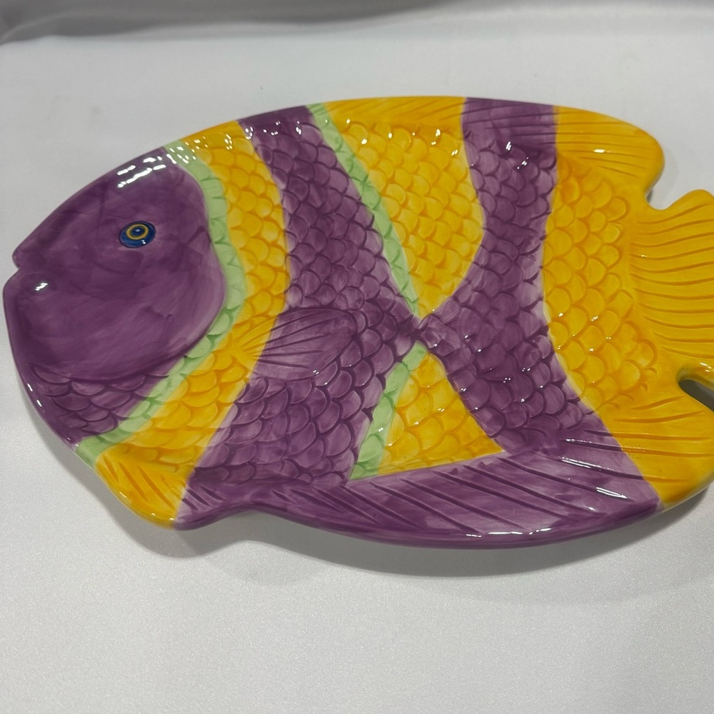 Vintage Hand Painted Ceramic Fish Large Yellow/Purpl Serving Platter 14 3/4 x 11